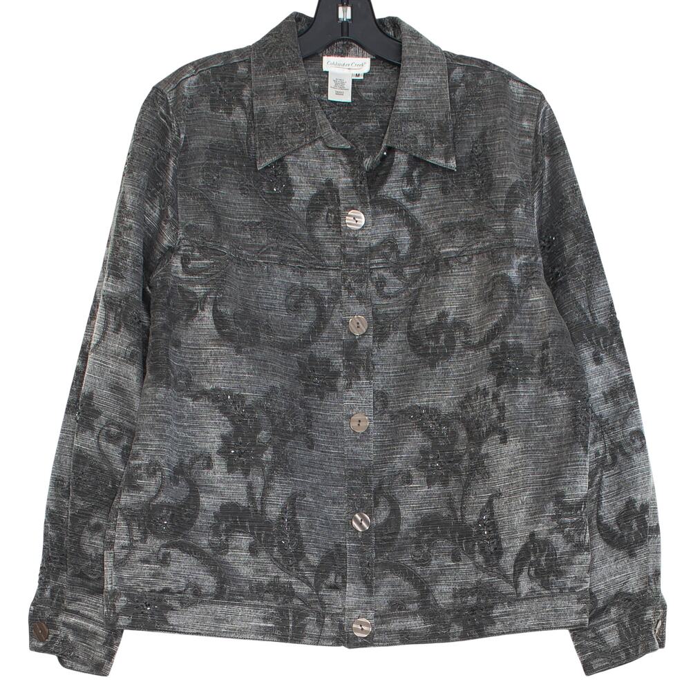 Coldwater Creek Beaded Floral Jacket Gray Lightweight Button Up Artsy Travel M